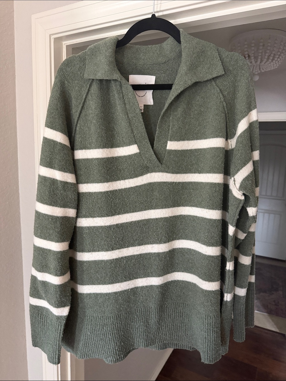 aerie Sage Green & White Striped Collared V-Neck Sweater